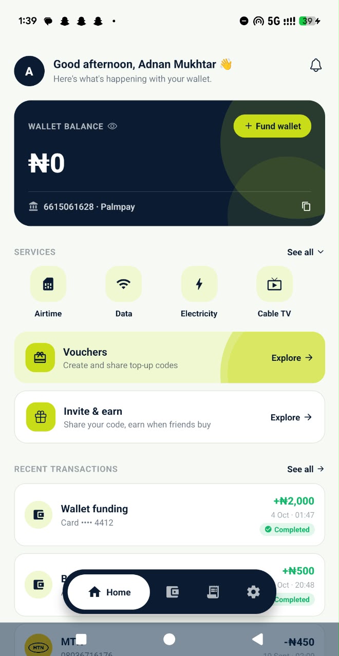 NeratSubs app home screen showing wallet balance and airtime, data, electricity and cable TV services